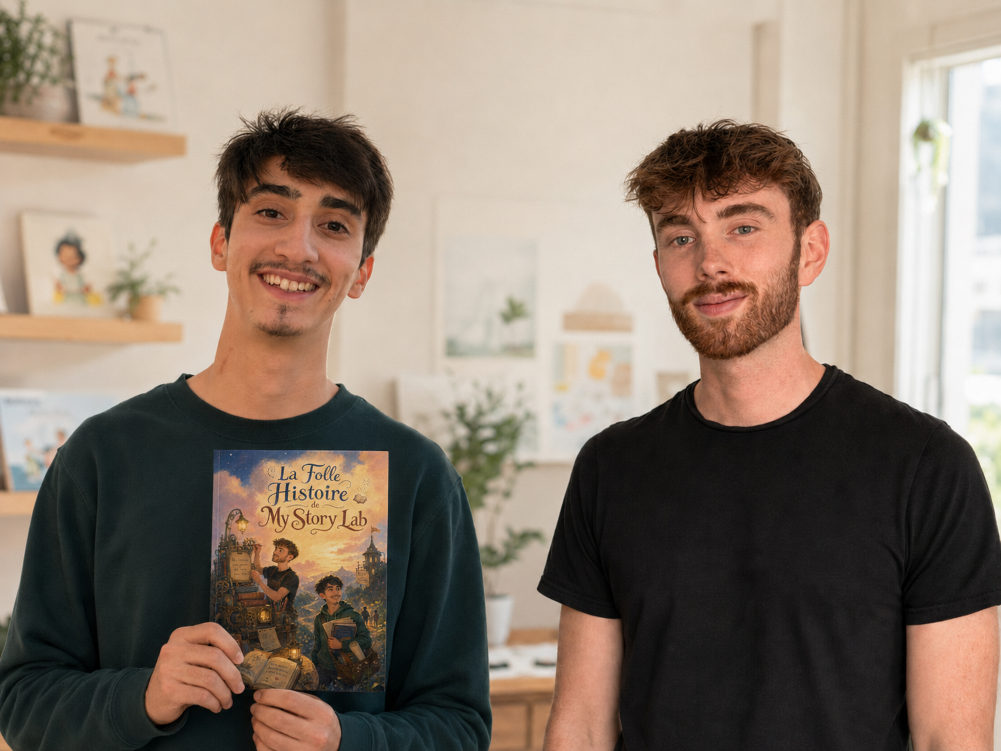 Baydi et Lysandre, les farfadets en chef d'Éditions Farfadet, tenant un exemplaire du premier livre