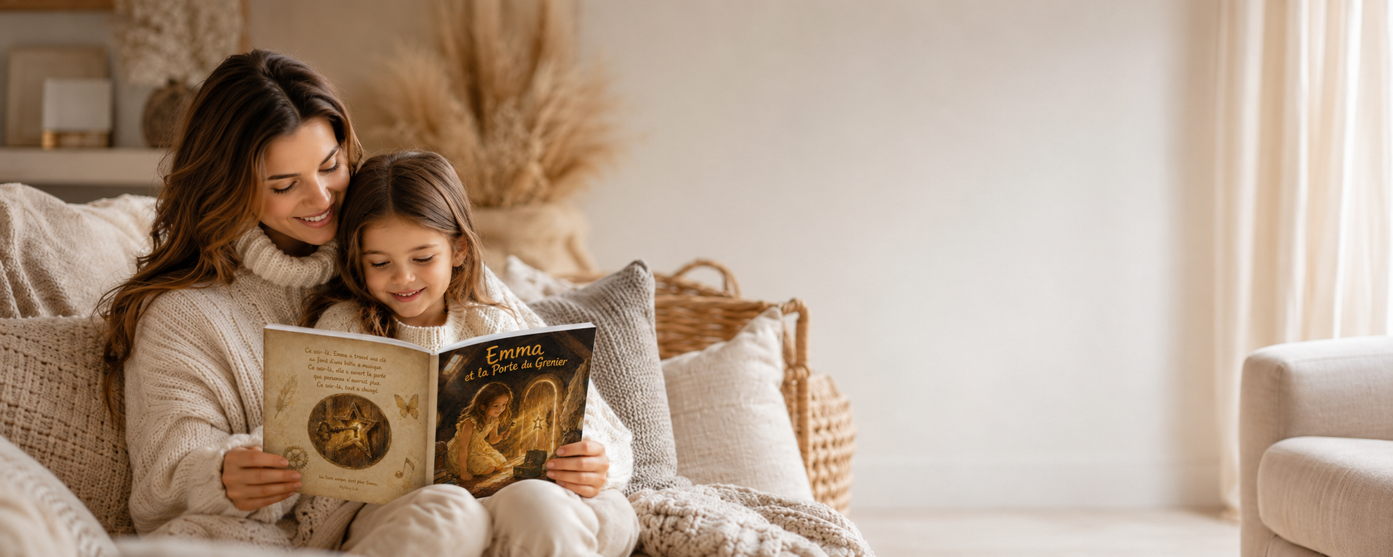 Une mère et sa fille lisant un livre Éditions Farfadet sur un canapé